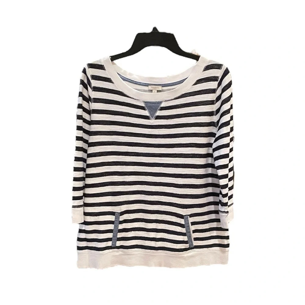 Talbots women’s terry cotton 3/4 sleeve spring top SZ S navy white